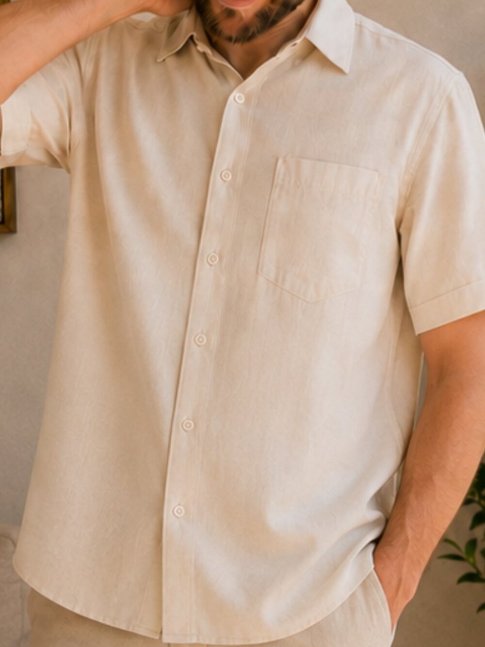 Toscano Men's Cream 100% Silk Embroidered Short Sleeve Button Up Coastal Shirt M